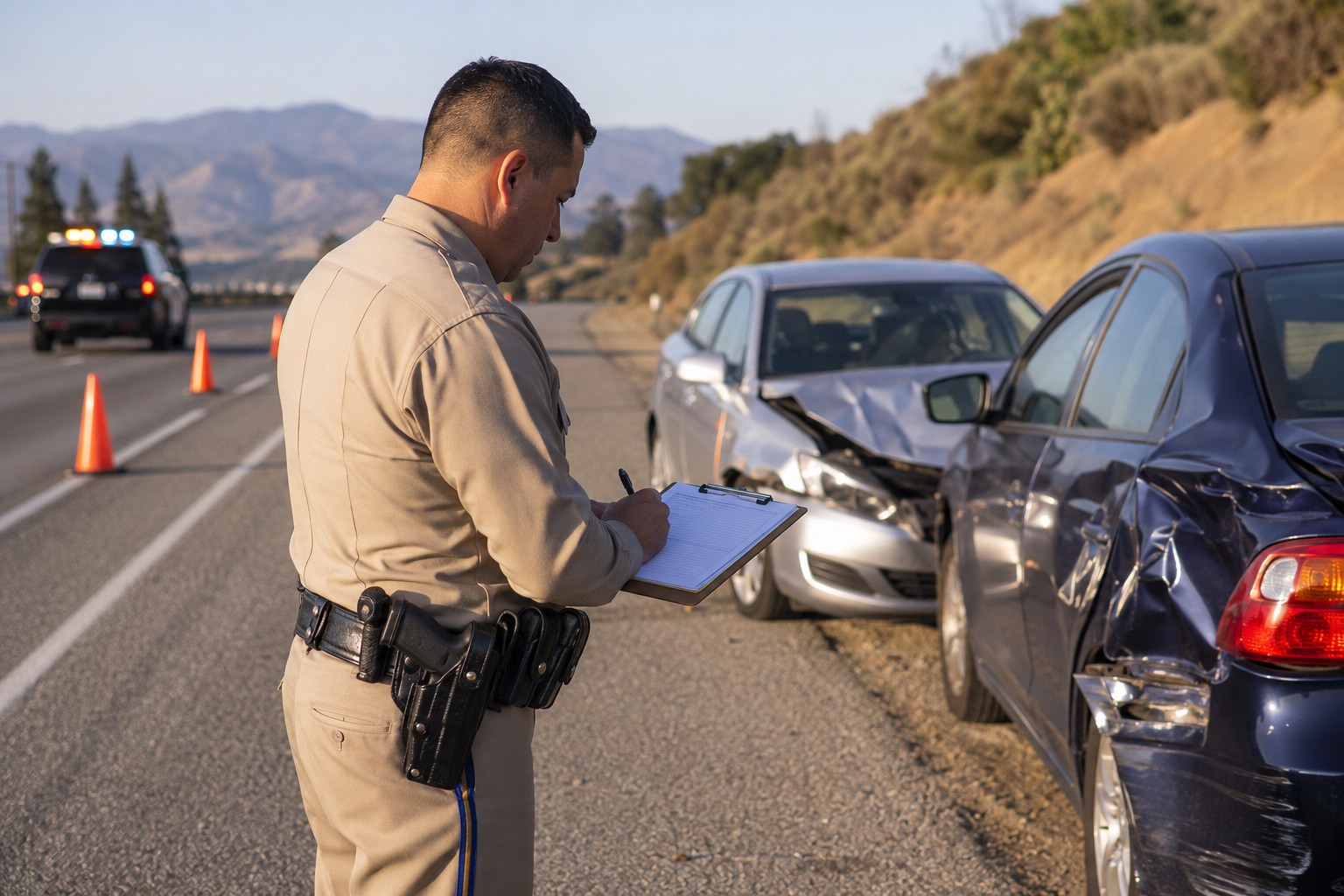 Highway patrol officer documenting damaged vehicles on a California highway shoulder