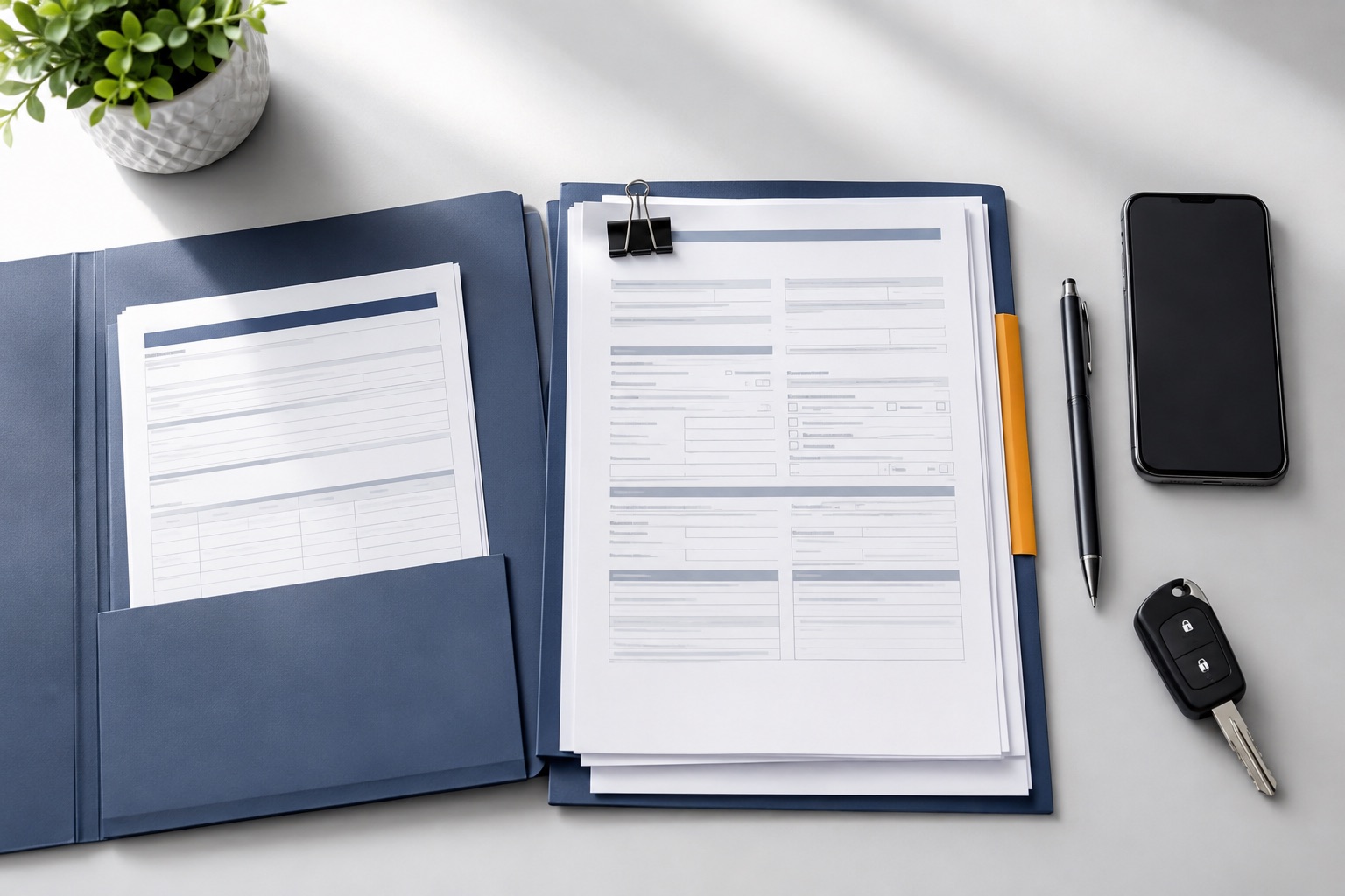 Generic insurance claim forms, policy folder, phone, and vehicle key