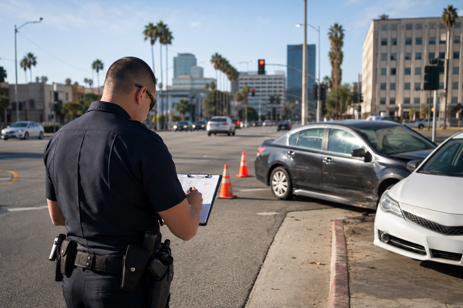 Police officer documenting a collision at a Los Angeles intersection