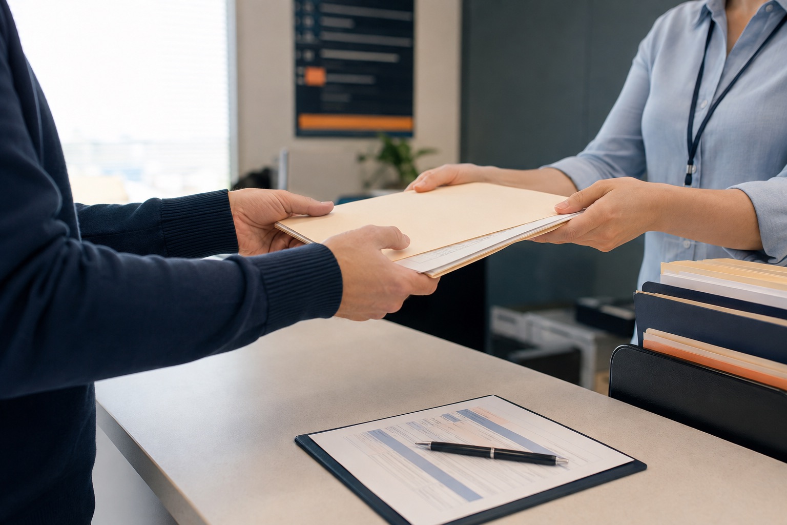 Visitor receiving a generic collision report folder at a municipal records counter