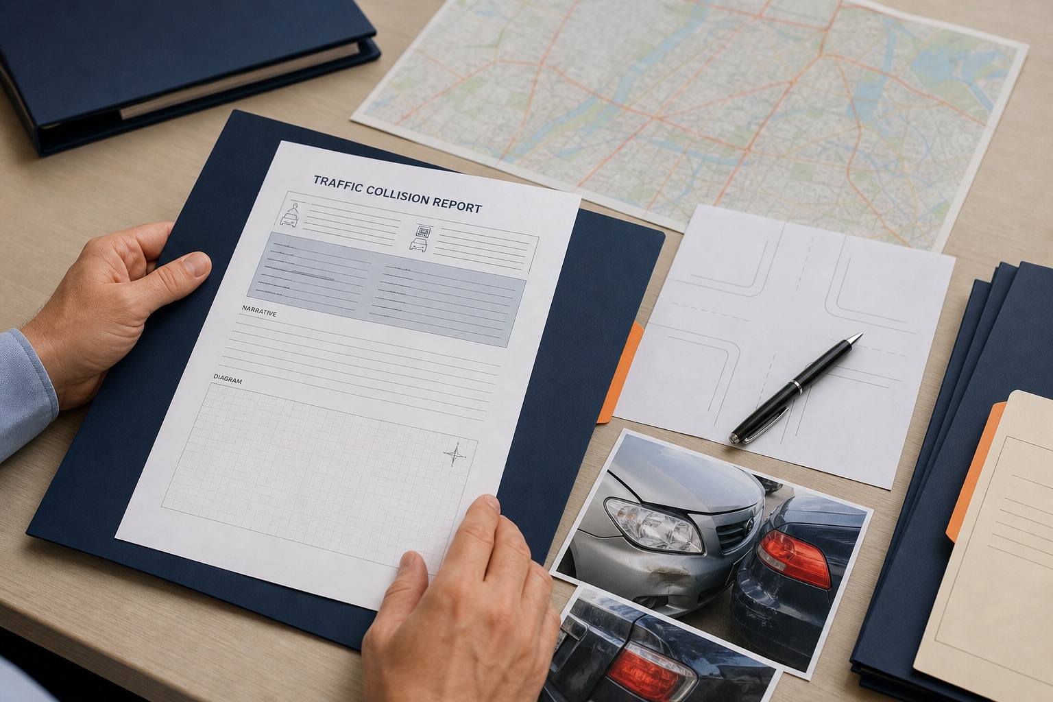 Generic traffic collision report, roadway diagram, and vehicle photographs