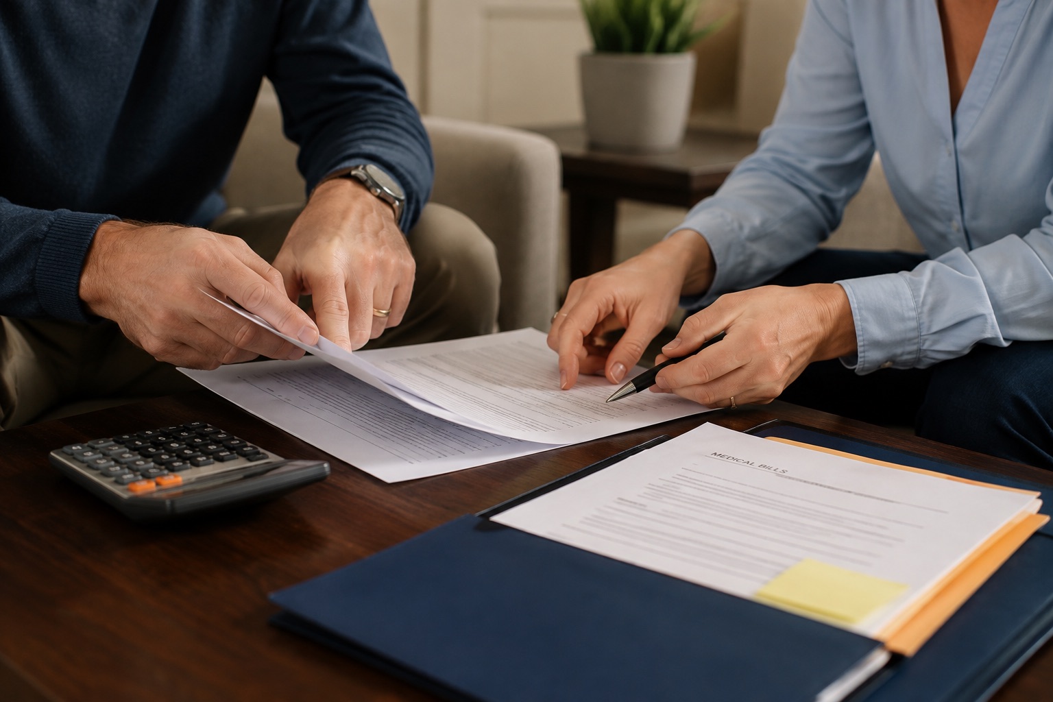 People reviewing generic settlement documents and medical bills