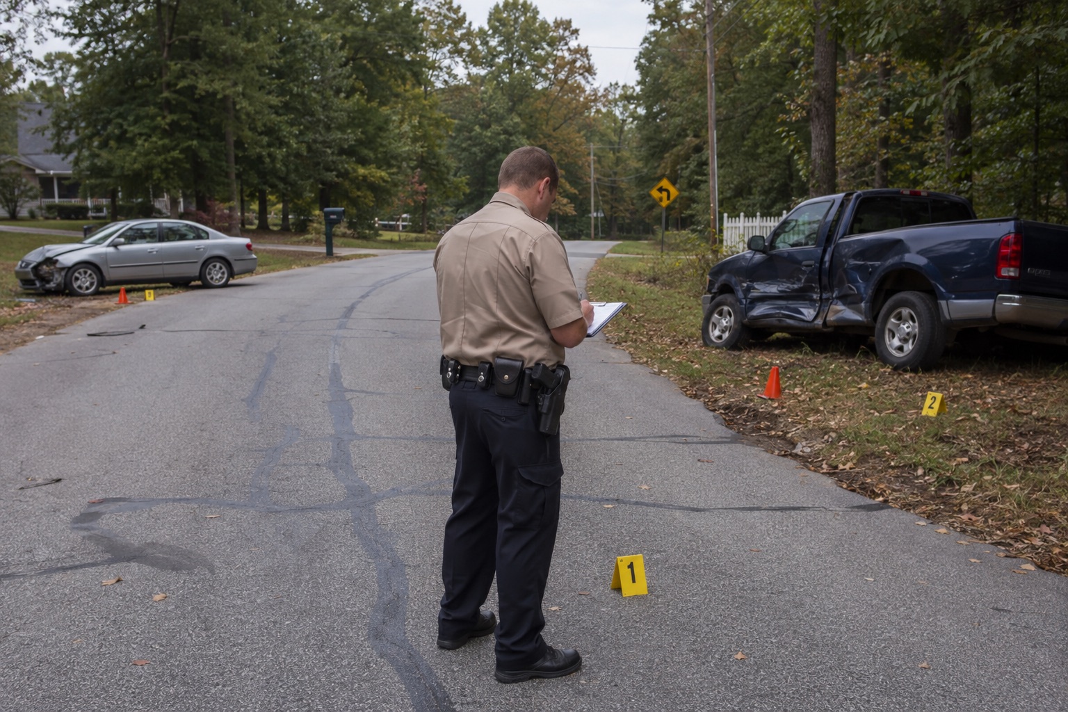 County sheriff deputy documenting a collision on a suburban road