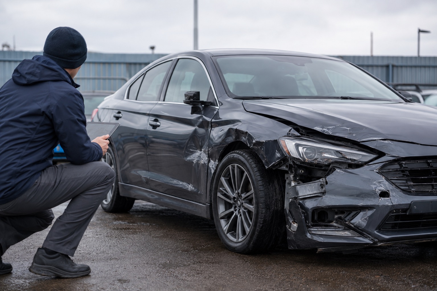 Inspector evaluating a damaged vehicle for a possible total loss